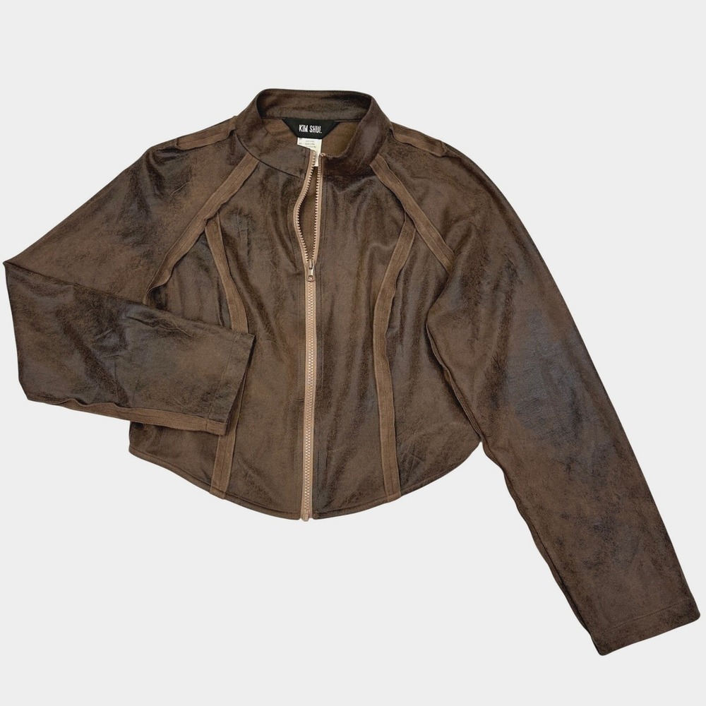 Kim‎ Shui Faux Suede Cropped Jacket Brown Zip Stretch Women's size XL